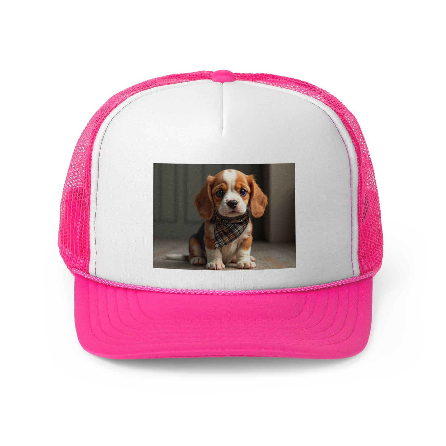 Stylish Beagle Puppy with Plaid Bandana Trucker Hat - Premium Dog Lover Cap - Adorable Dog Lover Unisex Cap