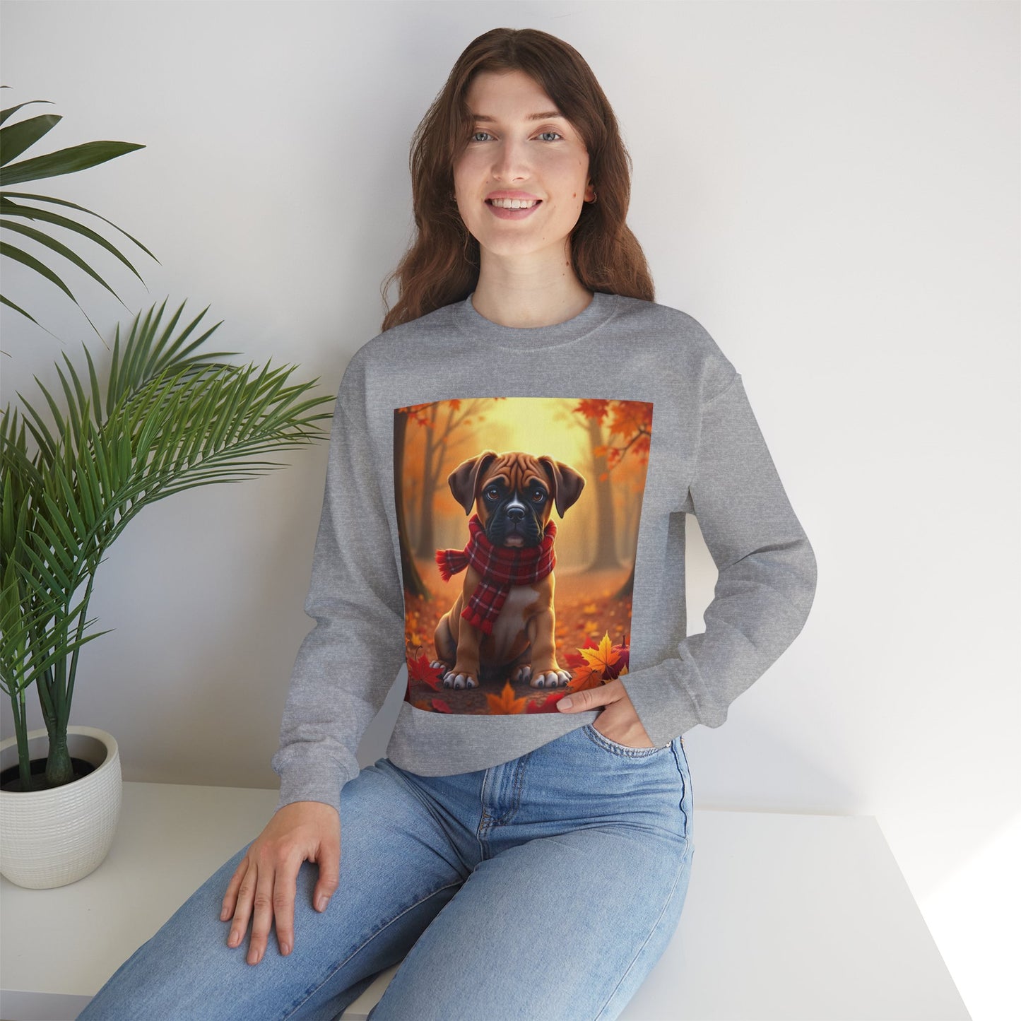 Cute Boxer Puppy Autumn Crewneck Sweatshirt | Fall Dog Lover Gift | Cozy Plaid Scarf Design