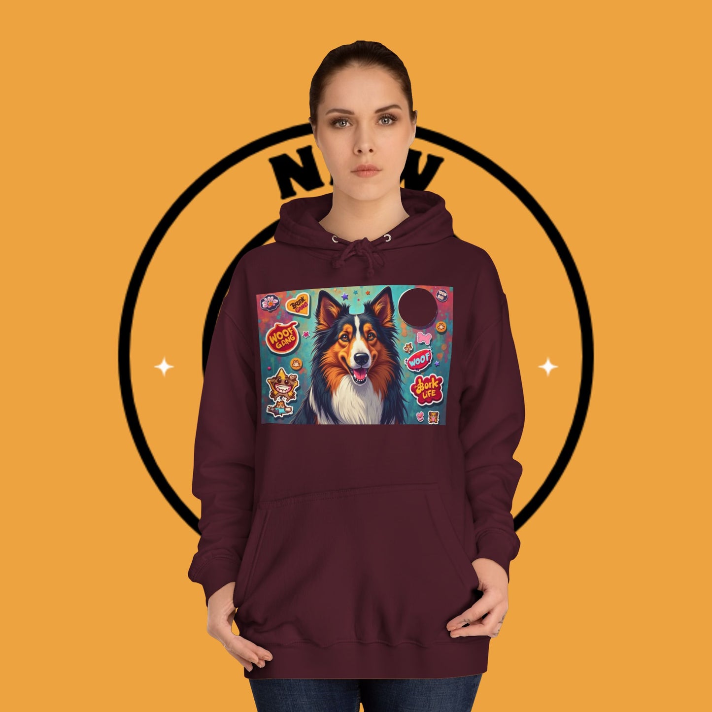 "Dog Sticker Pack Hoodie - Vibrant Collie with Fun Dog Patches Design | Millennial Pet Lover Streetwear"