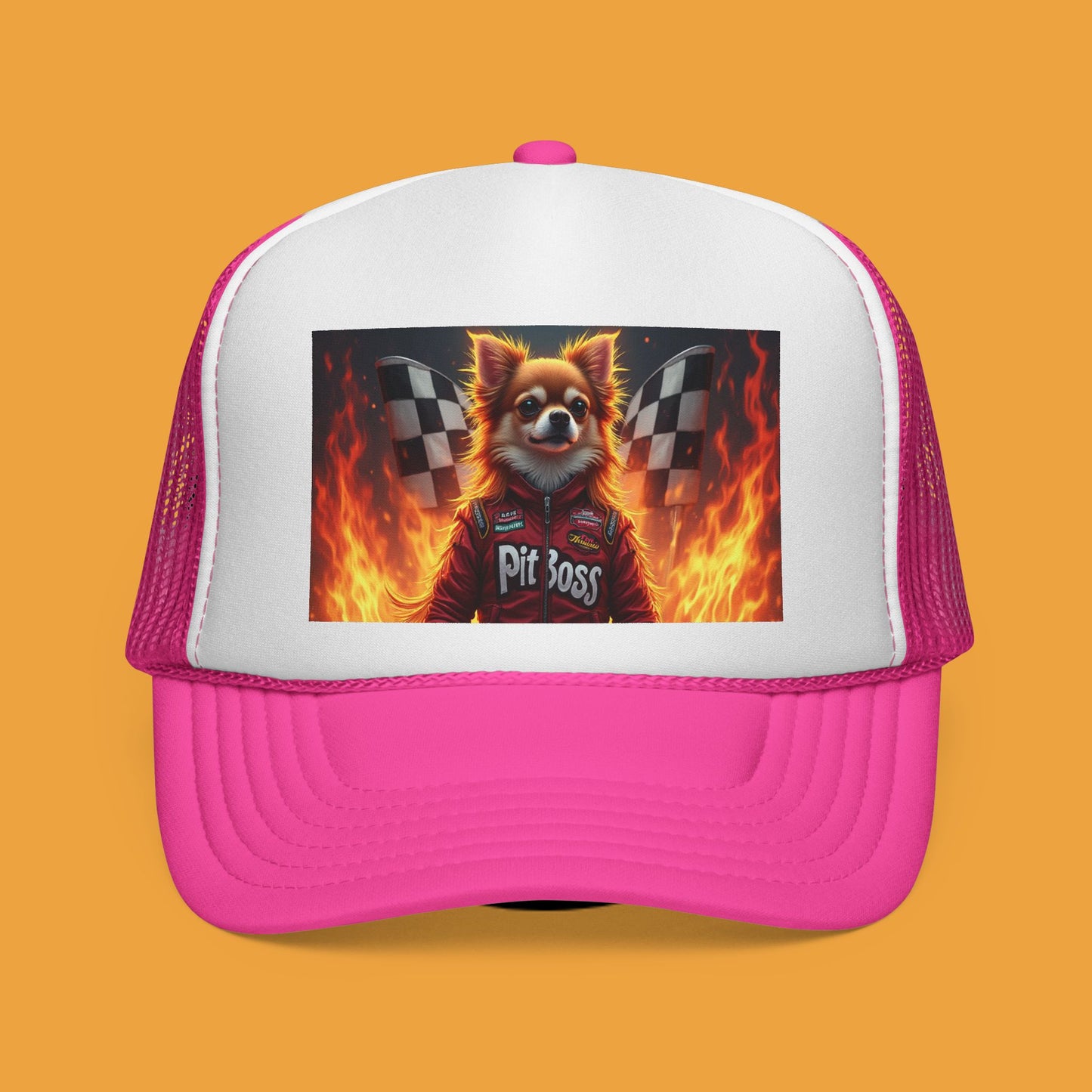 Pit Boss Chihuahua Racing Trucker Hat - Checkered Flag Fire Cap | Motorsports Dog Lover Speed Racing Baseball Hat