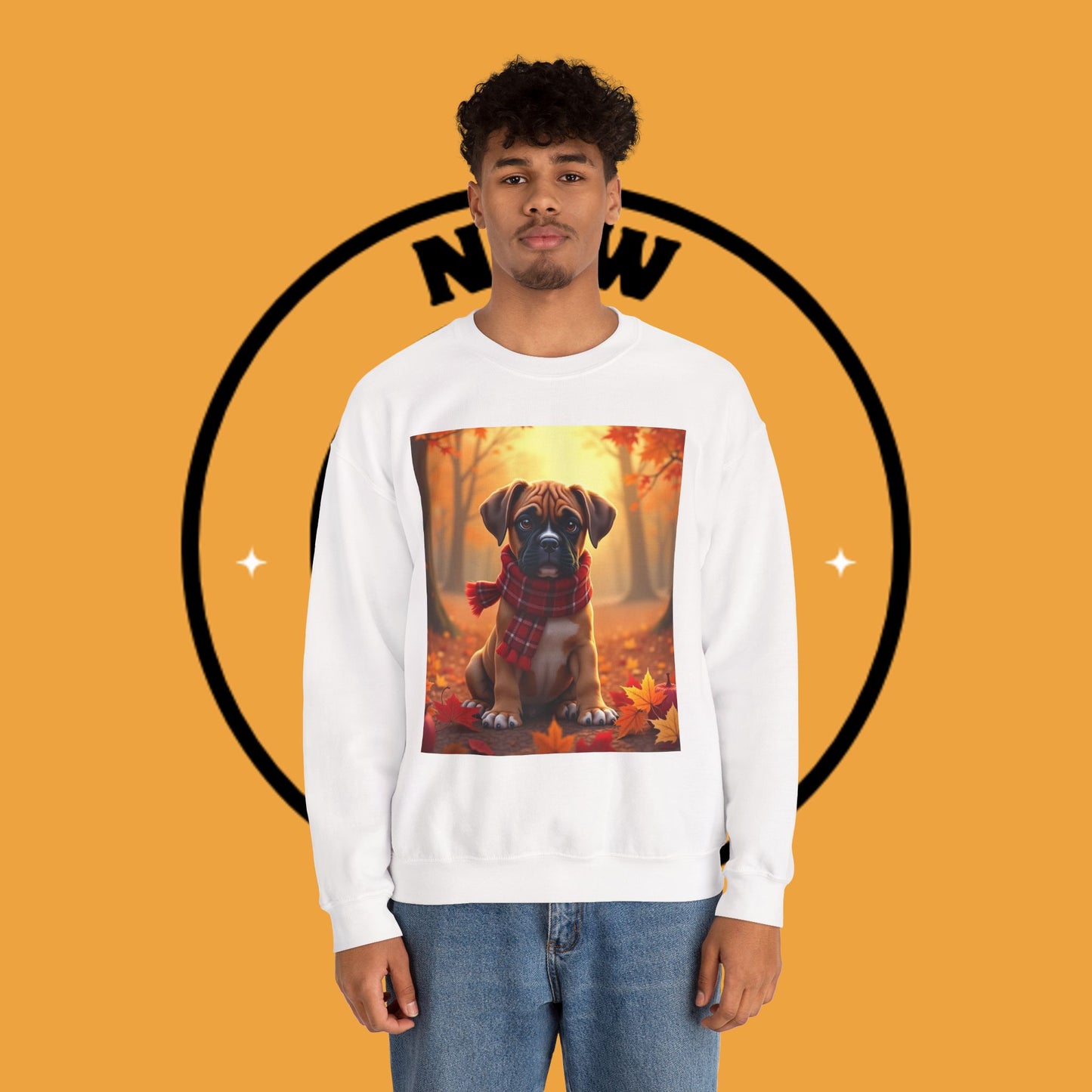 Cute Boxer Puppy Autumn Crewneck Sweatshirt | Fall Dog Lover Gift | Cozy Plaid Scarf Design