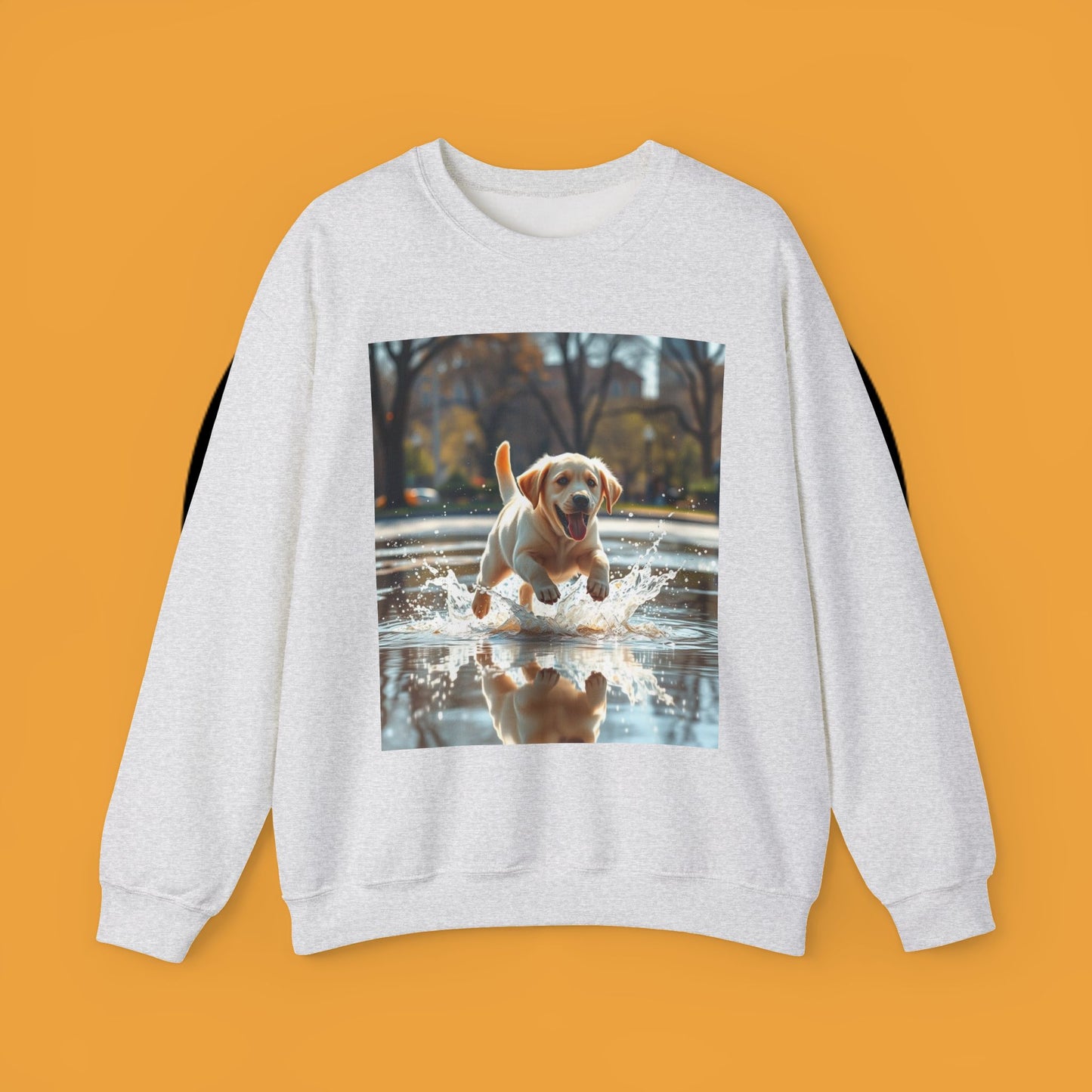 Unisex Dog Lover Crewneck Sweatshirt -Labrador Puppy Running in Water - Happy Dog Splashing in Puddle