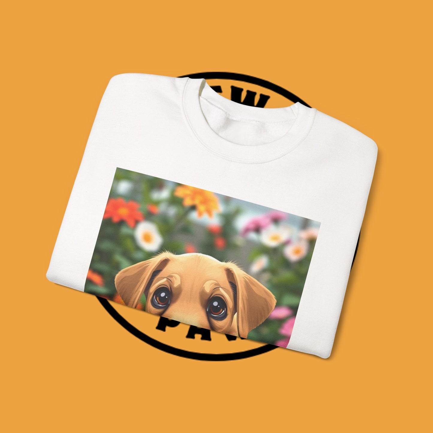 Unisex Dog Lover Crewneck Sweatshirt - Cute puppe with big eyes in floral garden