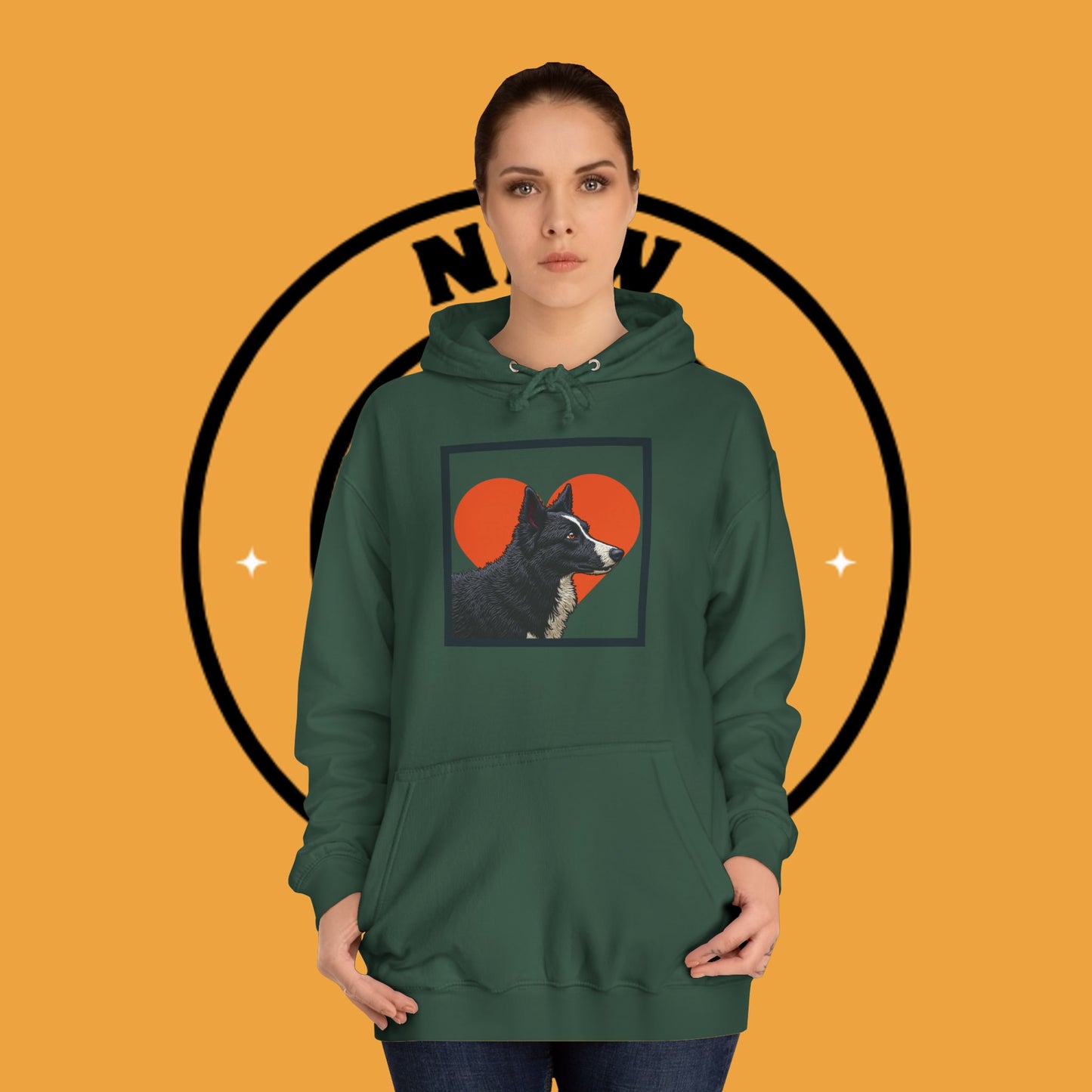 "Black & White Border Collie Portrait Hoodie - Bold Red Heart Background Dog Lover Sweatshirt | Premium Art Design"