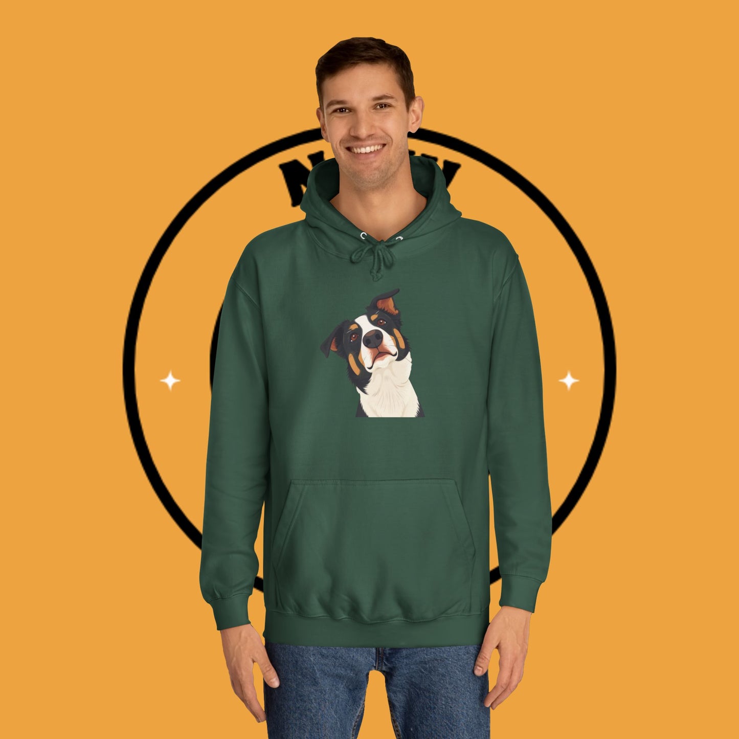 "Happy Border Collie Hoodie - Playful Cartoon Dog with Tilted Head Design | Cute Animal Streetwear"