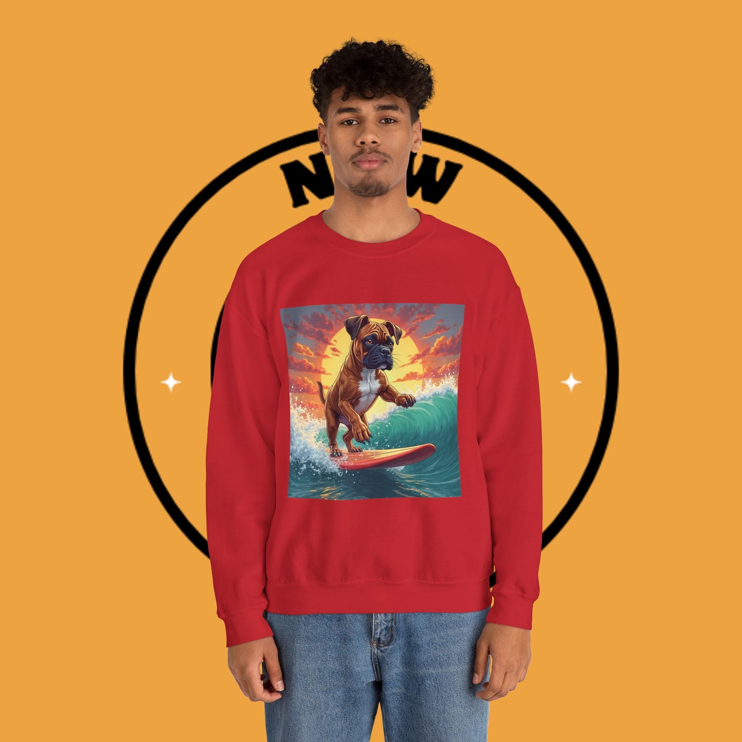 Surfing Boxer Dog Crewneck Sweatshirt | Funny Beach Surfer Gift | Epic Wave Riding Pup Design