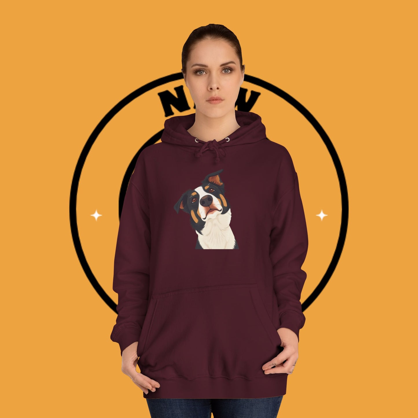 "Happy Border Collie Hoodie - Playful Cartoon Dog with Tilted Head Design | Cute Animal Streetwear"