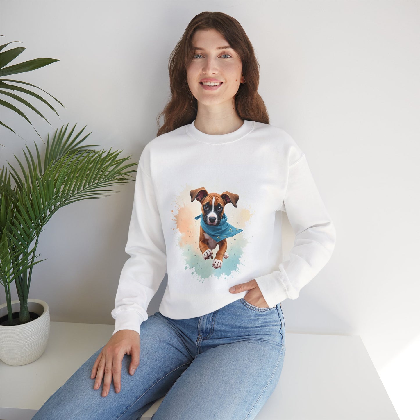 Watercolor Puppy Bandana Crewneck Sweatshirt - Artistic Dog Portrait - Unique Pet Lover Gift