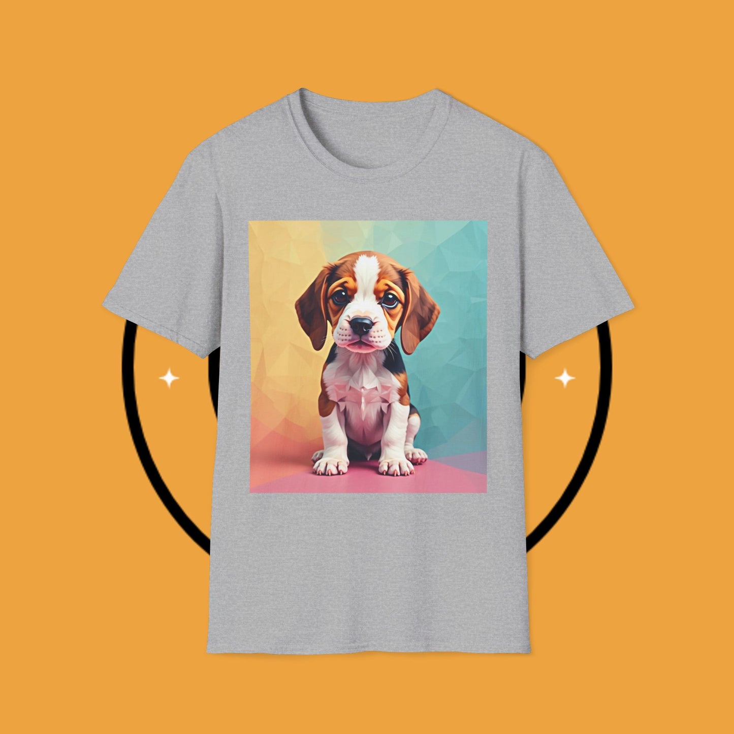 Modern Art Beagle Puppy T-Shirt - Geometric Low Poly Dog Design with Rainbow Background