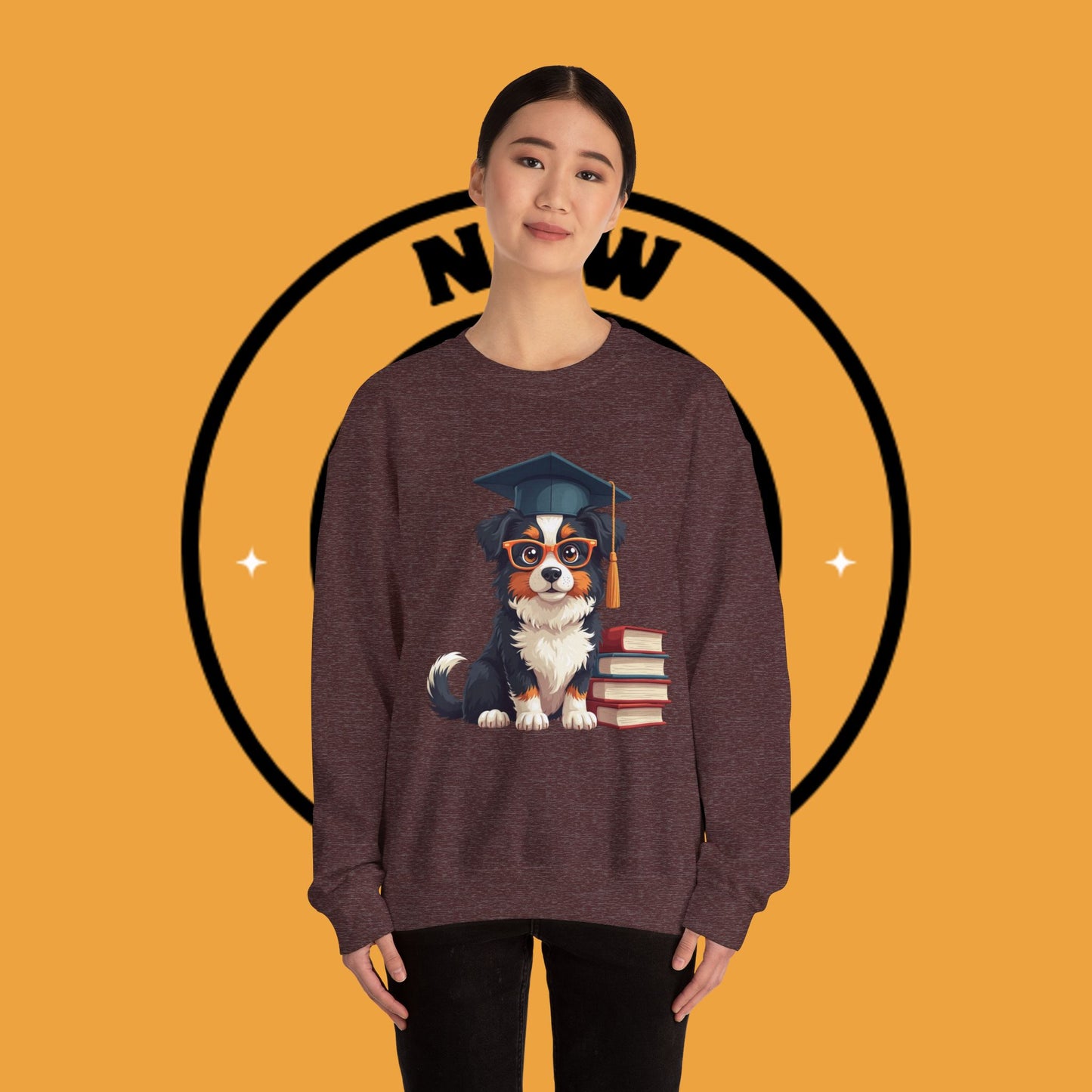 Graduation Dog Crewneck Sweatshirt - Smart Puppy Graduate Cap Books | Academic Achievement Gift