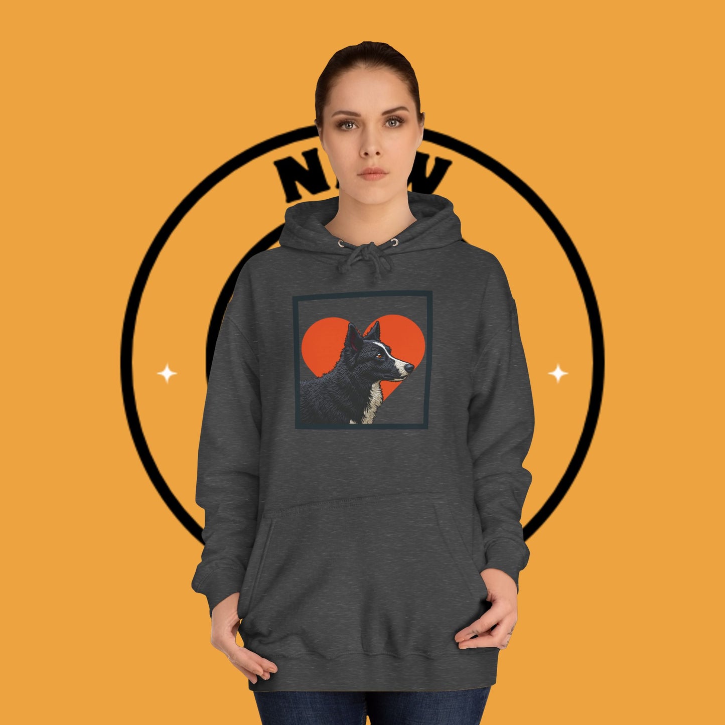 "Black & White Border Collie Portrait Hoodie - Bold Red Heart Background Dog Lover Sweatshirt | Premium Art Design"