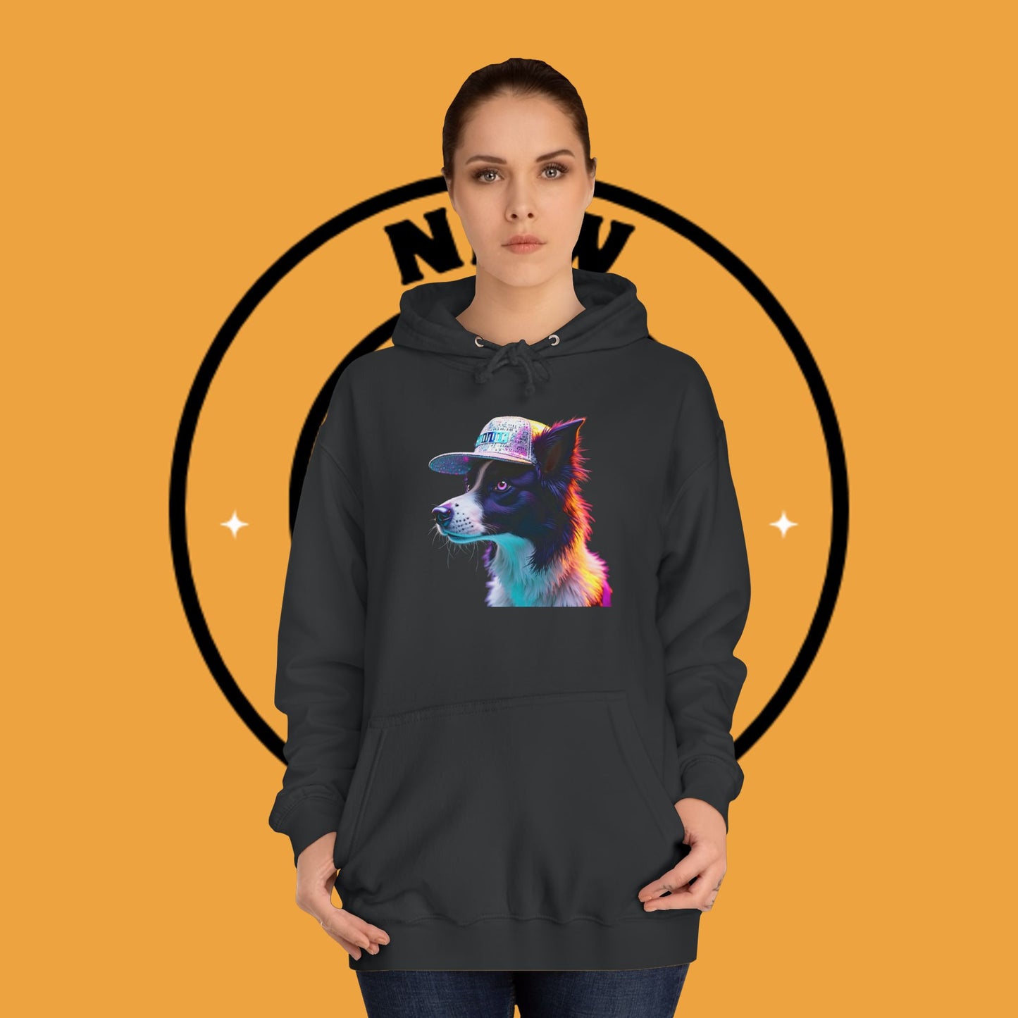 "Neon Rainbow Dog Hoodie - Vibrant Border Collie Street Art Design | Unisex Premium Streetwear"