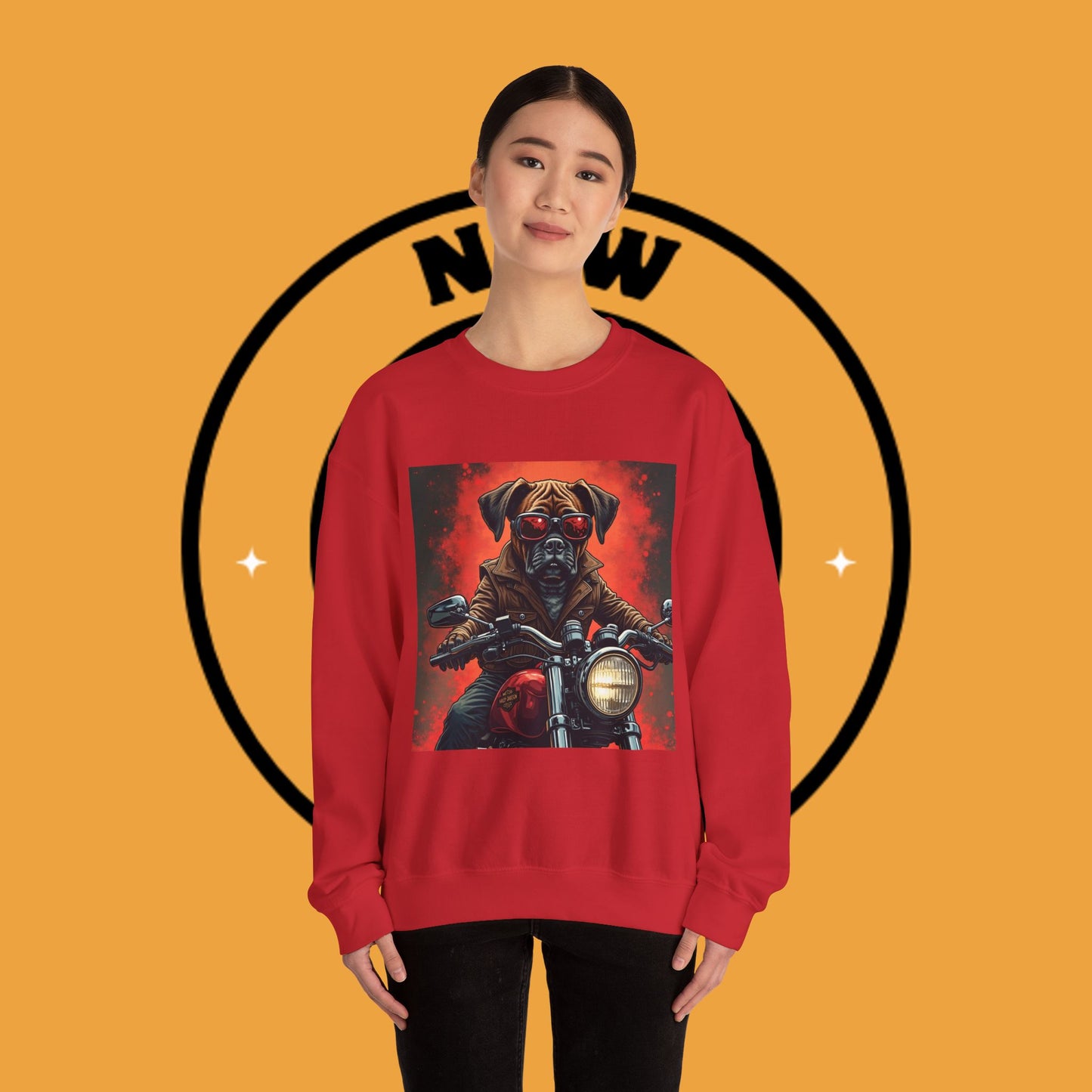 Biker Boxer Dog Crewneck Sweatshirt - Motorcycle Rebel Pup Design - Badass Pet Lover Style