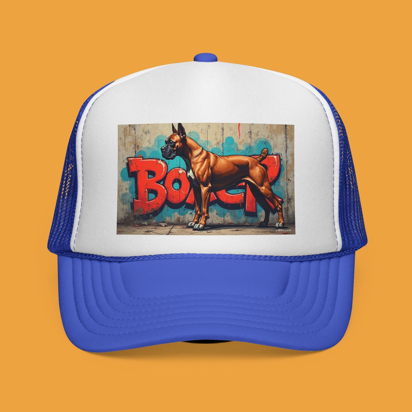 "Graffiti Boxer Dog Trucker Cap - Urban Street Art Design | Hip Hop Style Snapback Hat | Street Culture Baseball Cap"