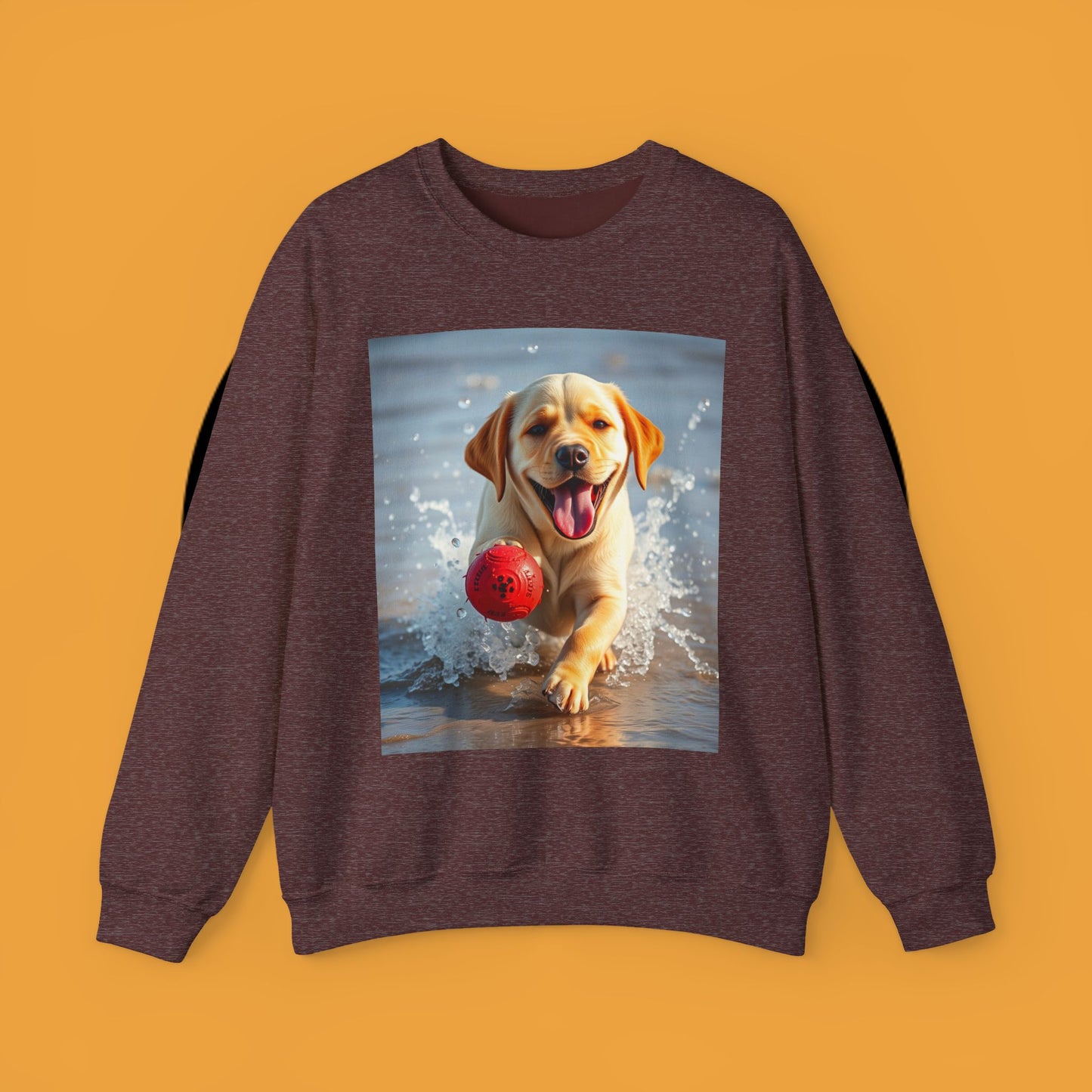 Unisex Dog Lover Crewneck Sweatshirt Labrador Puppy Playing with a Ball on the Beach - Photo of a Happy Dog Running in the Water