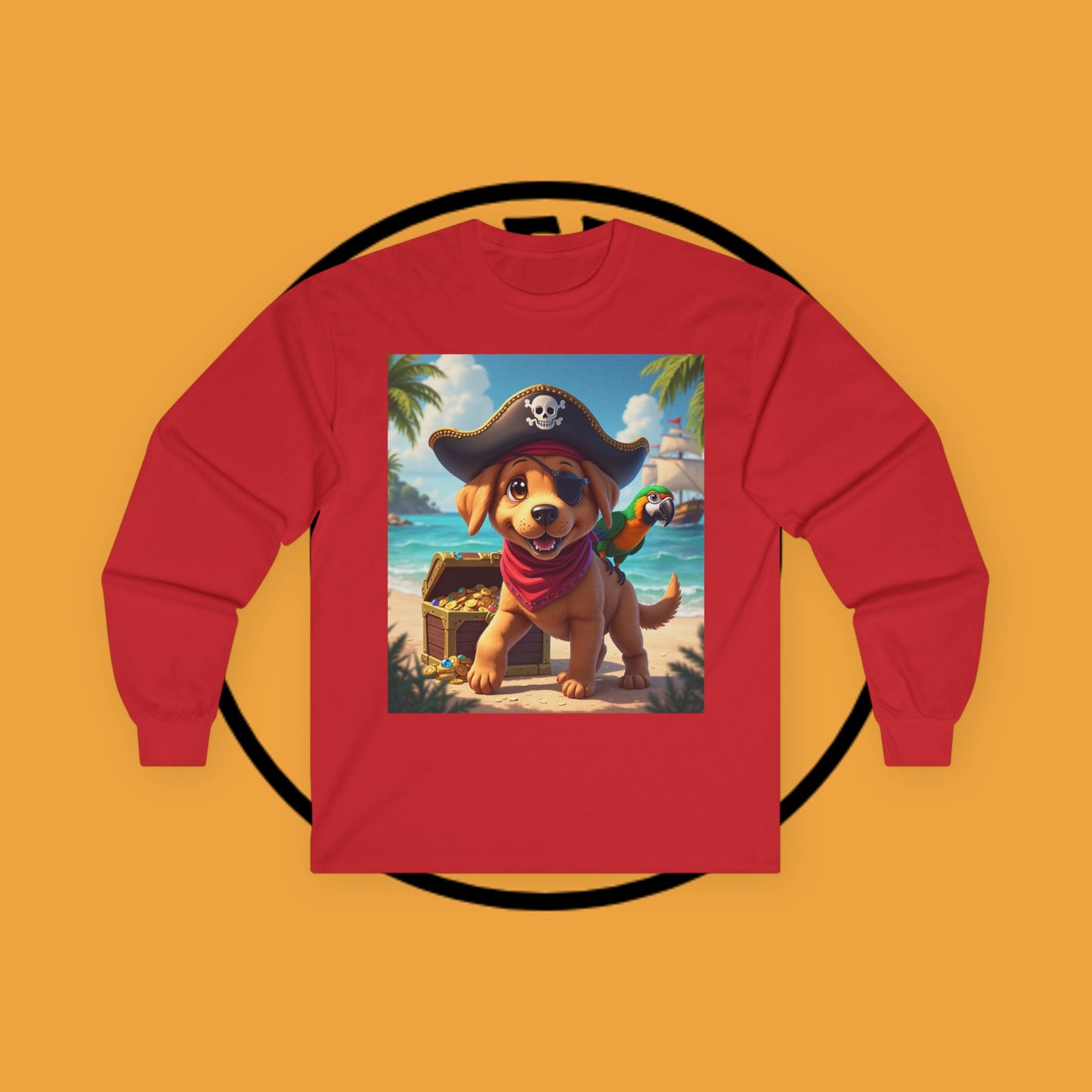 Adventurous Pirate Puppy Long Sleeve T-Shirt - Dog Design with Pirate Hat and Tropical Treasure Long Sleeve T-Shirt for Adventure Lovers π΄β οΈπ¦