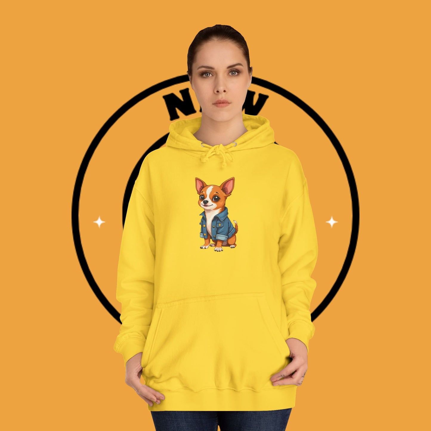 "Adorable Chihuahua in Denim Jacket Hoodie | Cute Dog Lover Gift | Premium Pet Fashion Streetwear"