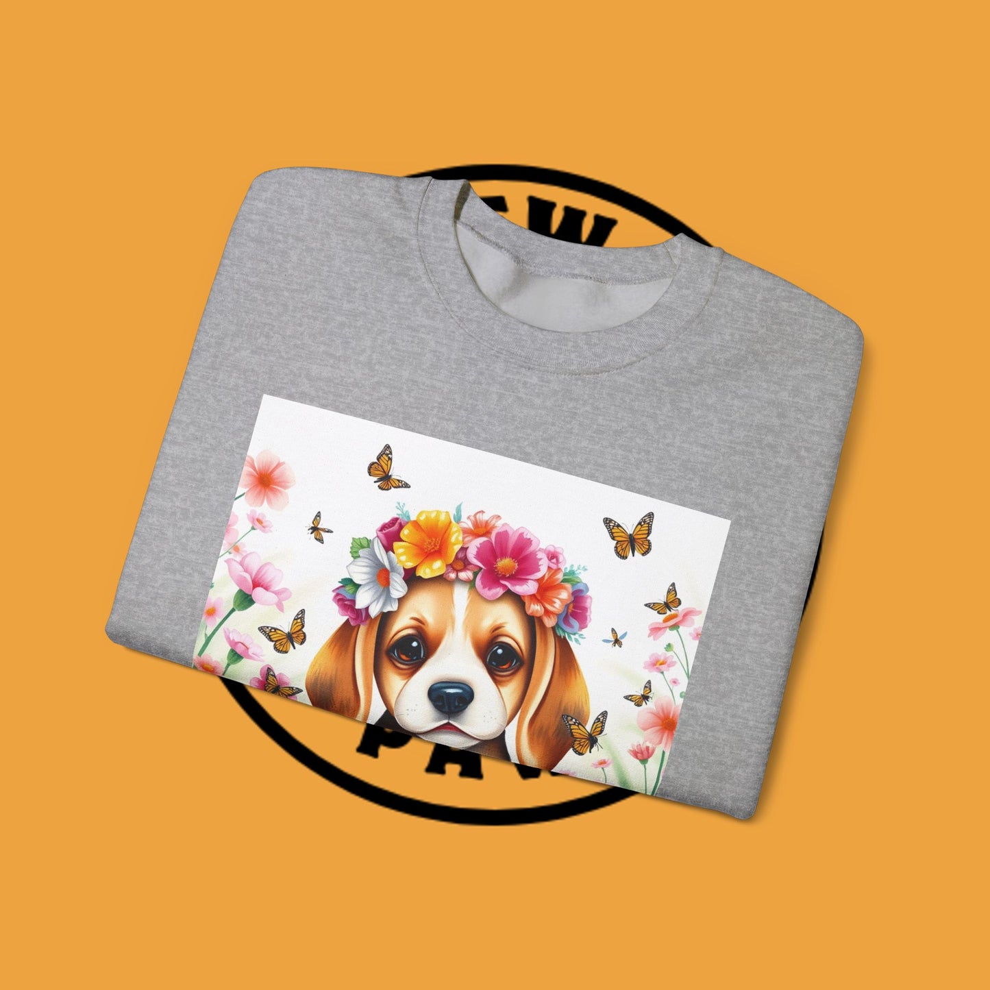 Flower Wreath Dog Crewneck Sweatshirt - Spring Beagle Design with Butterflies