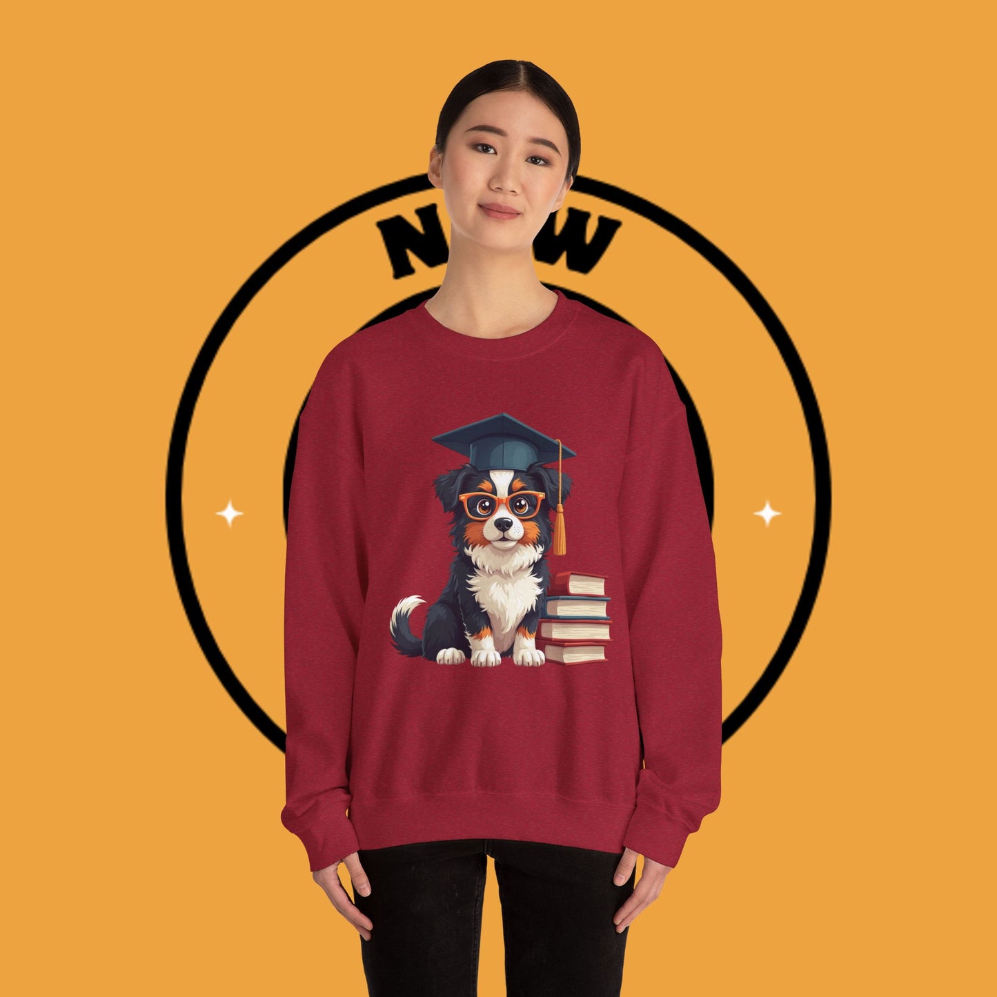 Graduation Dog Crewneck Sweatshirt - Smart Puppy Graduate Cap Books | Academic Achievement Gift