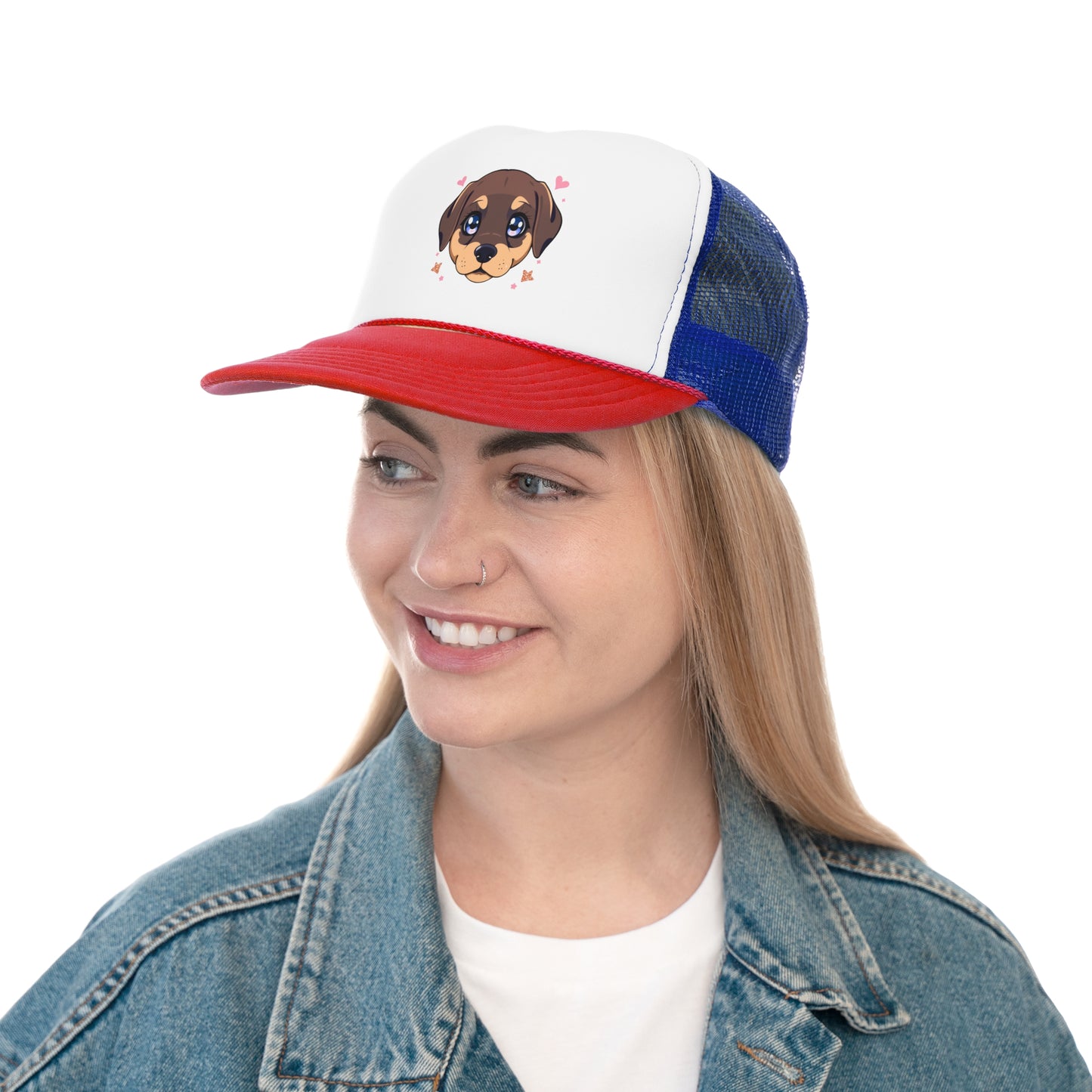 Kawaii Puppy Trucker Cap - Cute Anime Design with Hearts - Adorable Unisex Cap