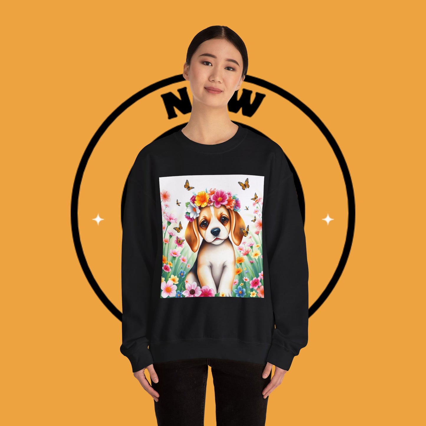 Flower Wreath Dog Crewneck Sweatshirt - Spring Beagle Design with Butterflies