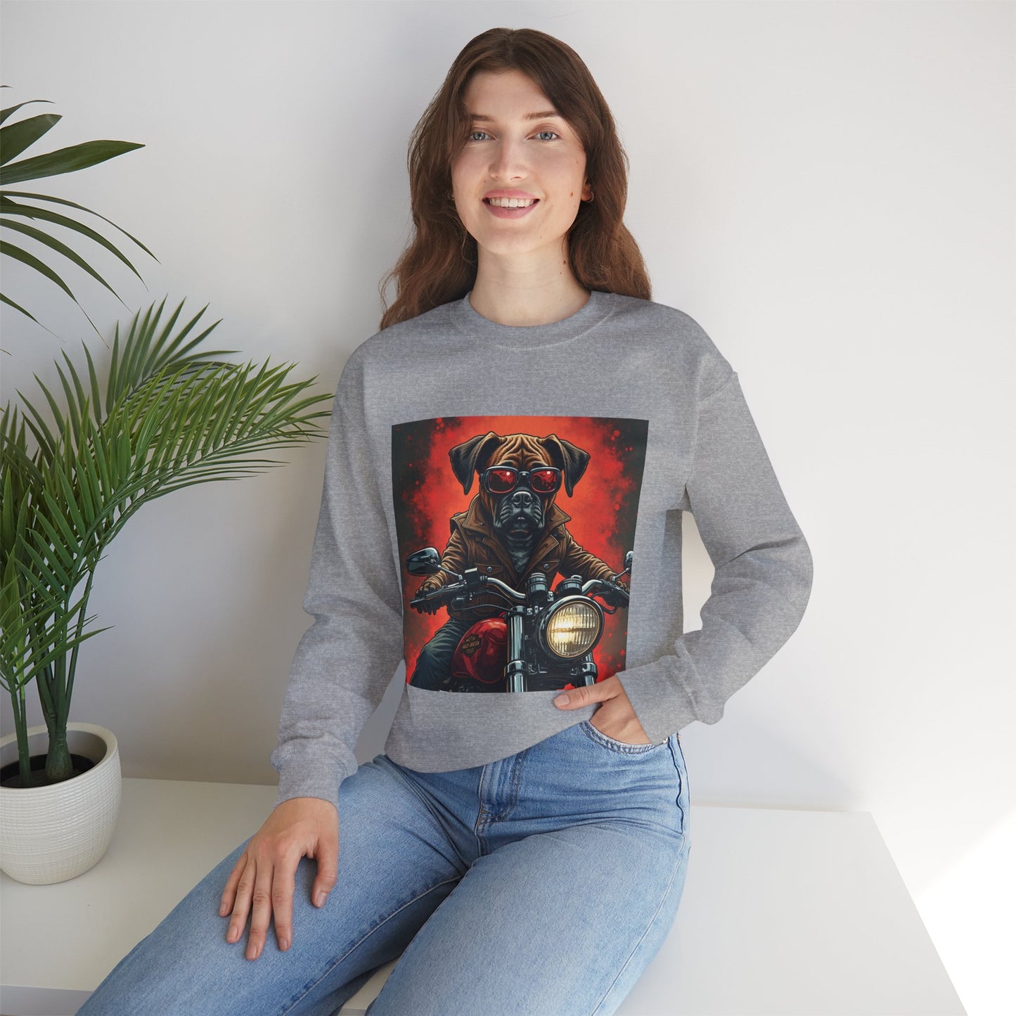 Biker Boxer Dog Crewneck Sweatshirt - Motorcycle Rebel Pup Design - Badass Pet Lover Style