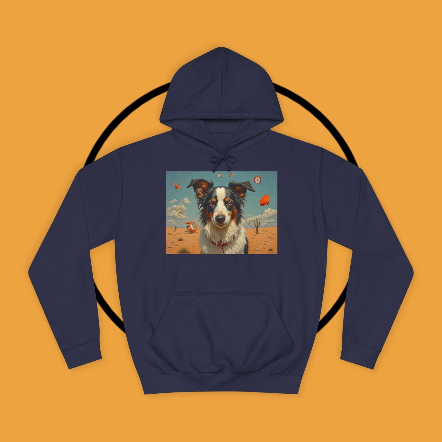 "Surreal Border Collie Time Desert Hoodie - Flying Clocks Artistic Dog Sweatshirt | Dreamlike Fantasy Design"