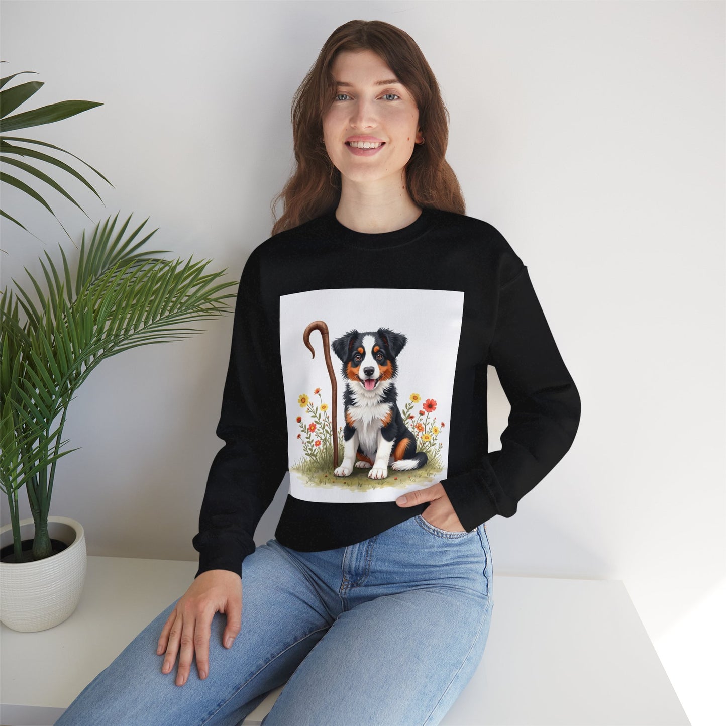 Border Collie Puppy Shepherd's Crook Crewneck Sweatshirt - Pastoral Dog Art | Farm Life Gift