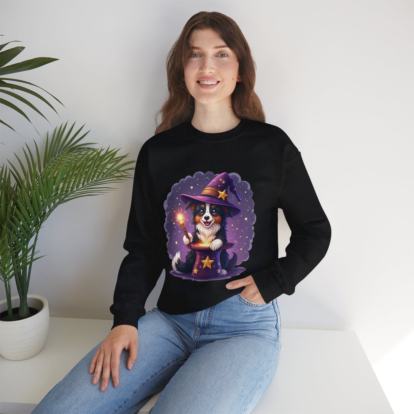 Magical Wizard Dog Crewneck Sweatshirt - Adorable Puppy Magician with Hat & Wand | Fantasy Pet Lover Gift Tee