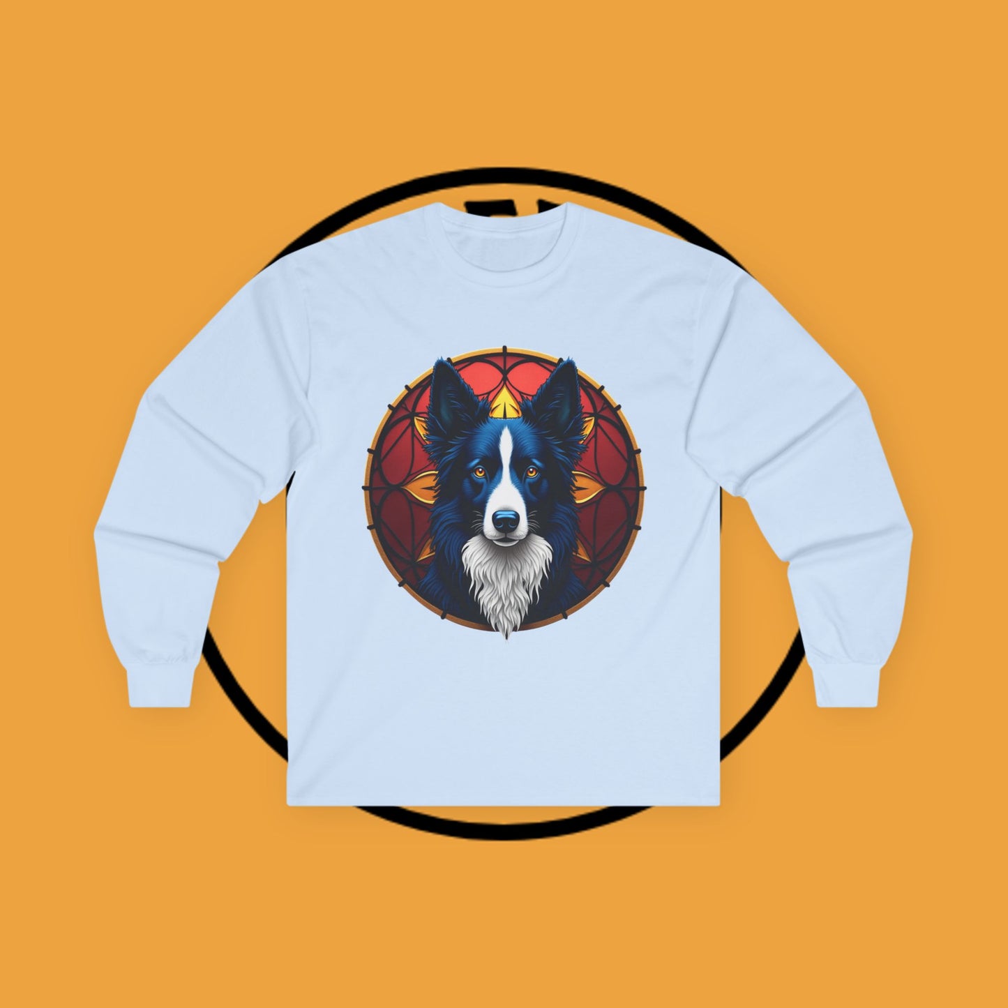 "Mystical Border Collie Stained Glass Long Sleeve Tee - Sacred Geometry Spirit Animal Shirt - Gothic Fantasy Apparel"
