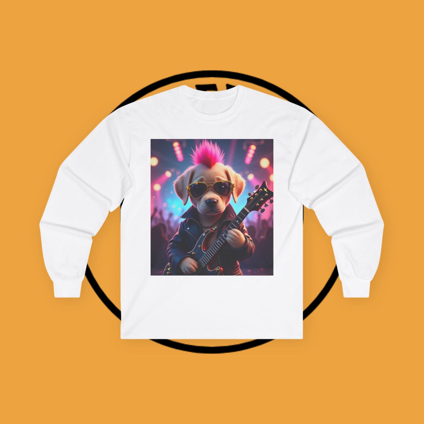 Long Sleeve T-Shirt - Punk Puppy with Electric Guitar - Design for Music Lovers Rockin' - Dog with Electric Guitar and Pink Mohawk - 🎸🐾