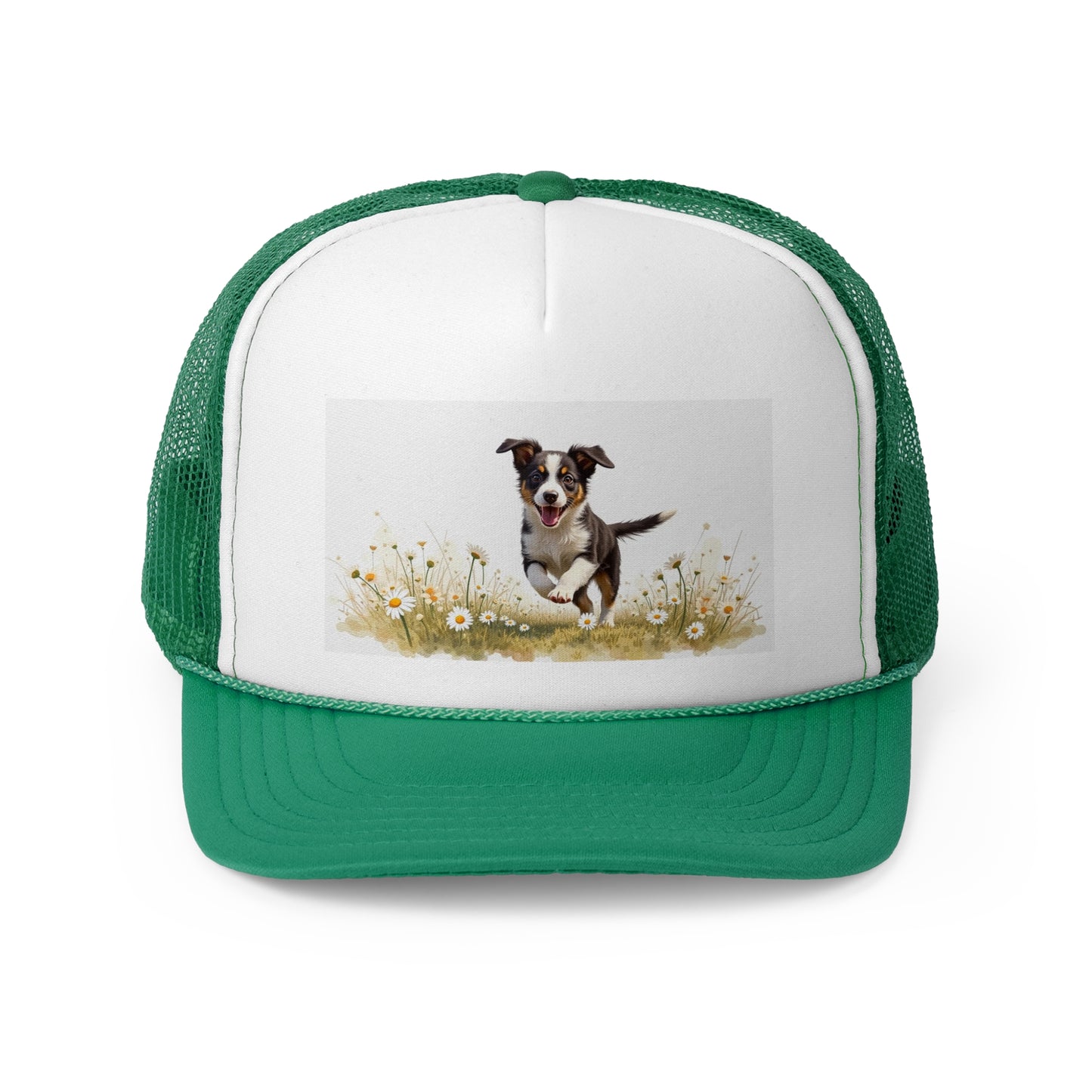 Happy Puppy in Daisies Trucker Hat - Joyful Dog Running Cap - Spring Meadow Baseball Hat