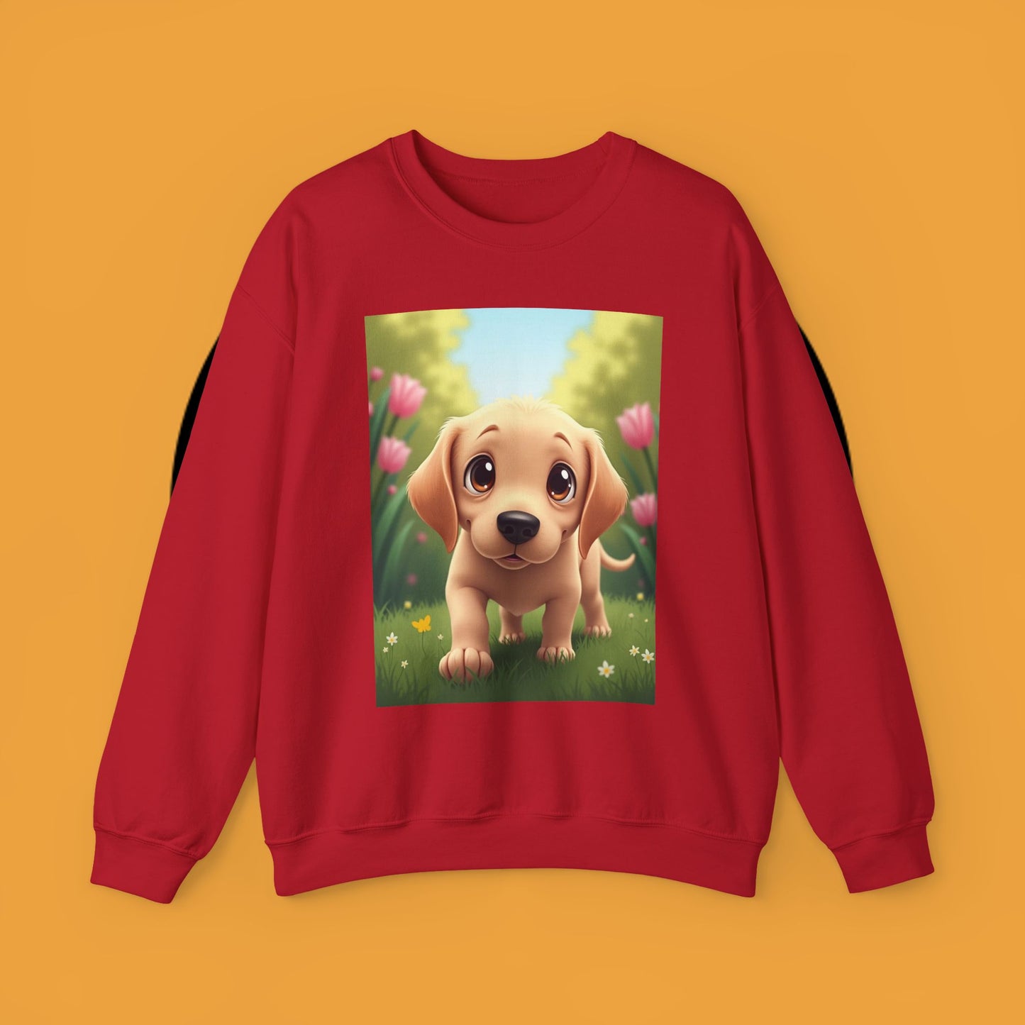 Adorable Golden Retriever Puppy in a Garden with Flowers - Cute Puppy Photo kawaii style