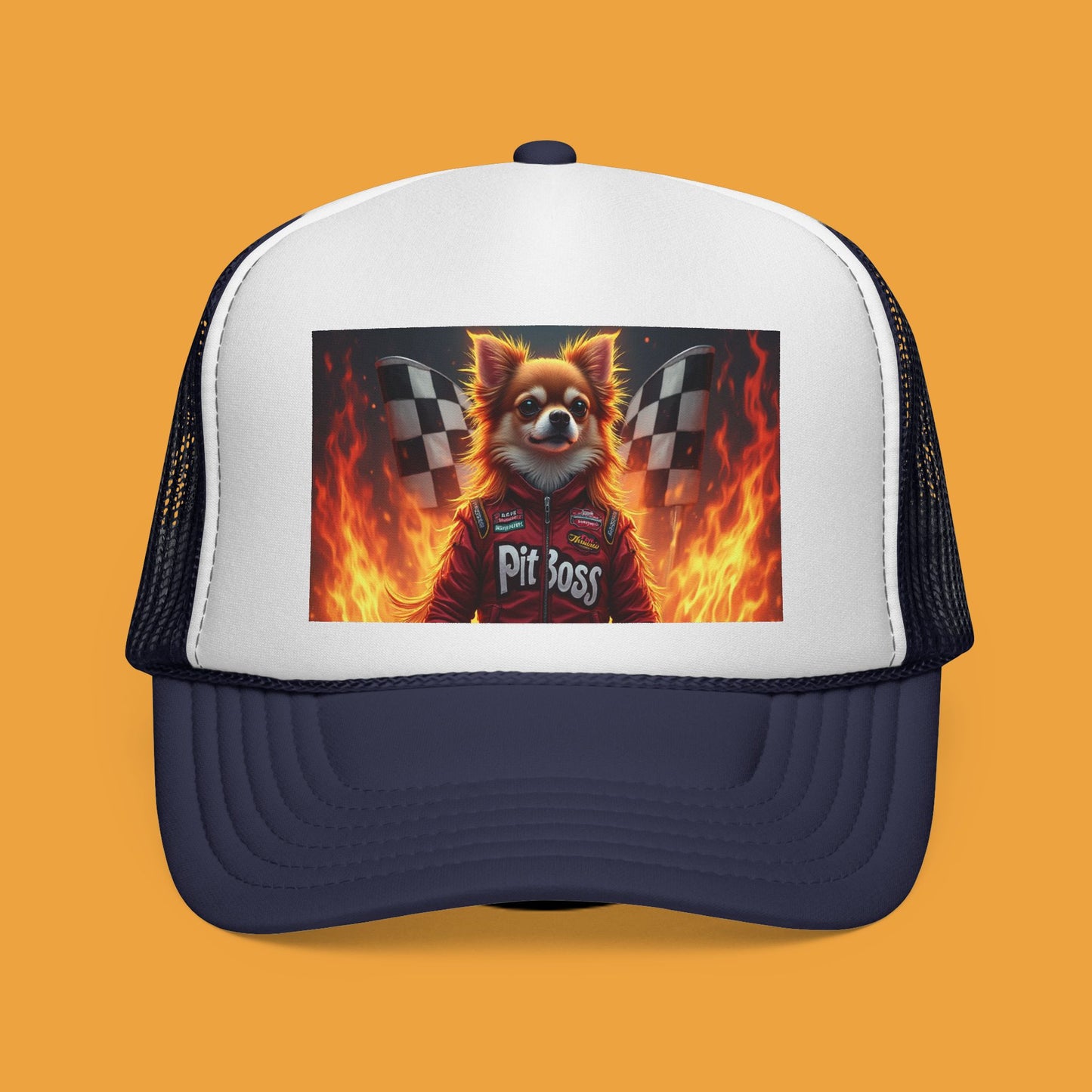 Pit Boss Chihuahua Racing Trucker Hat - Checkered Flag Fire Cap | Motorsports Dog Lover Speed Racing Baseball Hat