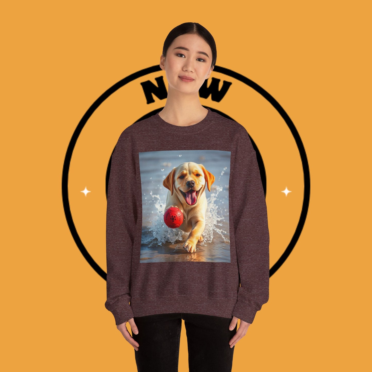 Unisex Dog Lover Crewneck Sweatshirt Labrador Puppy Playing with a Ball on the Beach - Photo of a Happy Dog Running in the Water