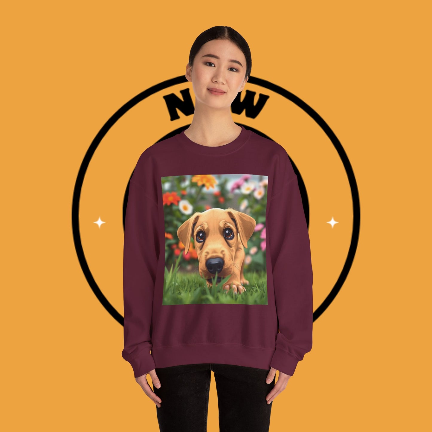Unisex Dog Lover Crewneck Sweatshirt - Cute puppe with big eyes in floral garden