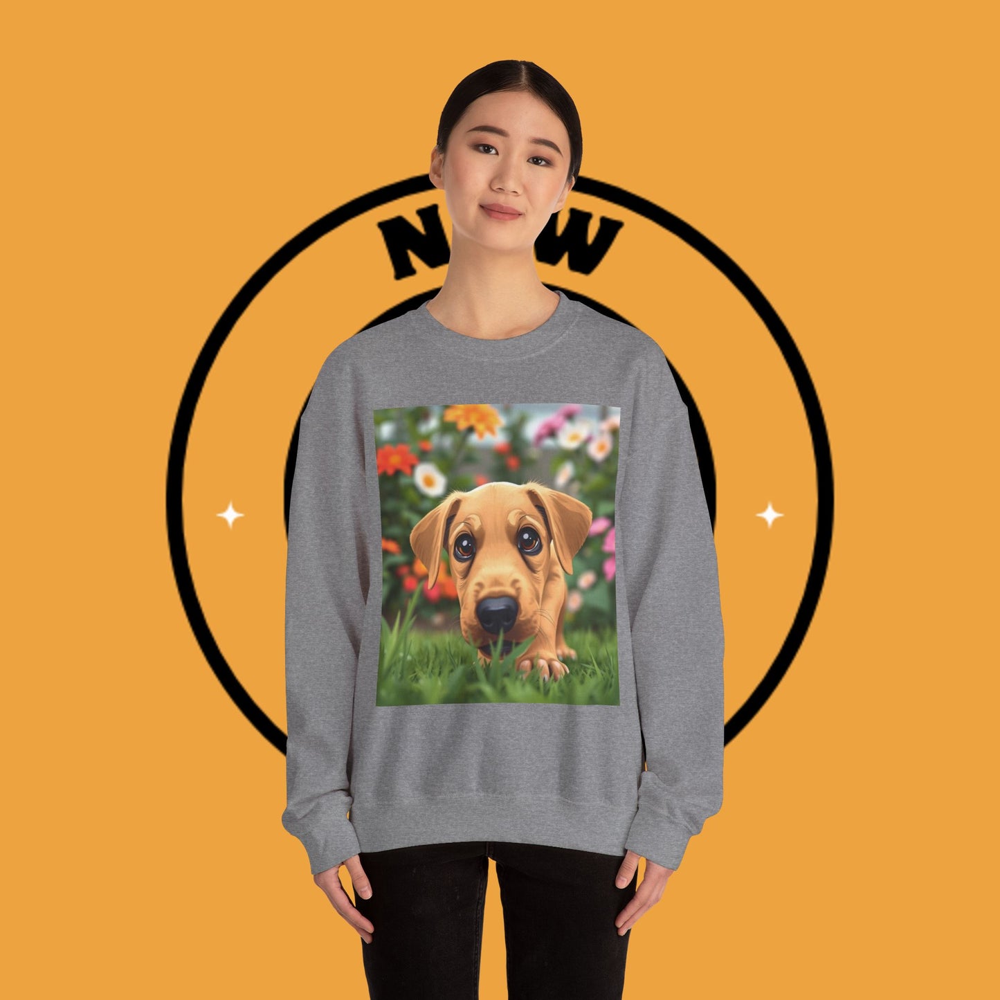 Unisex Dog Lover Crewneck Sweatshirt - Cute puppe with big eyes in floral garden