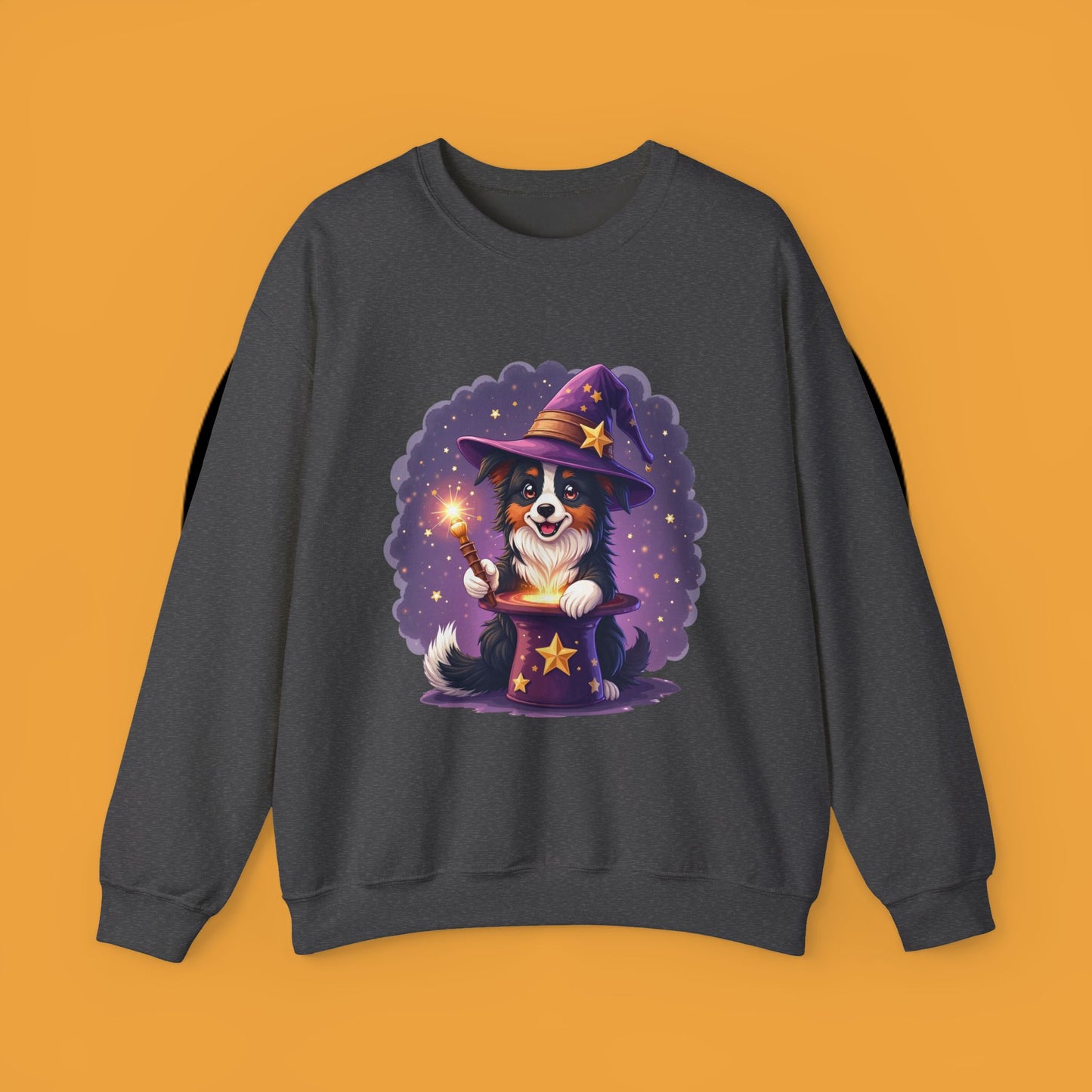Magical Wizard Dog Crewneck Sweatshirt - Adorable Puppy Magician with Hat & Wand | Fantasy Pet Lover Gift Tee