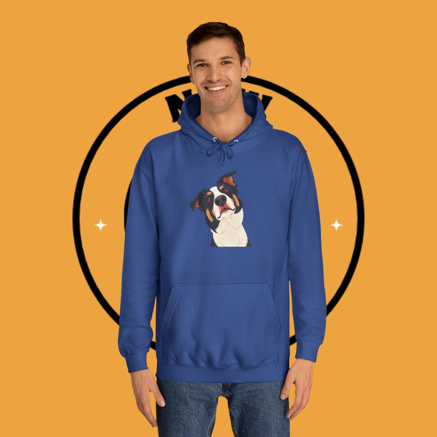 "Happy Border Collie Hoodie - Playful Cartoon Dog with Tilted Head Design | Cute Animal Streetwear"