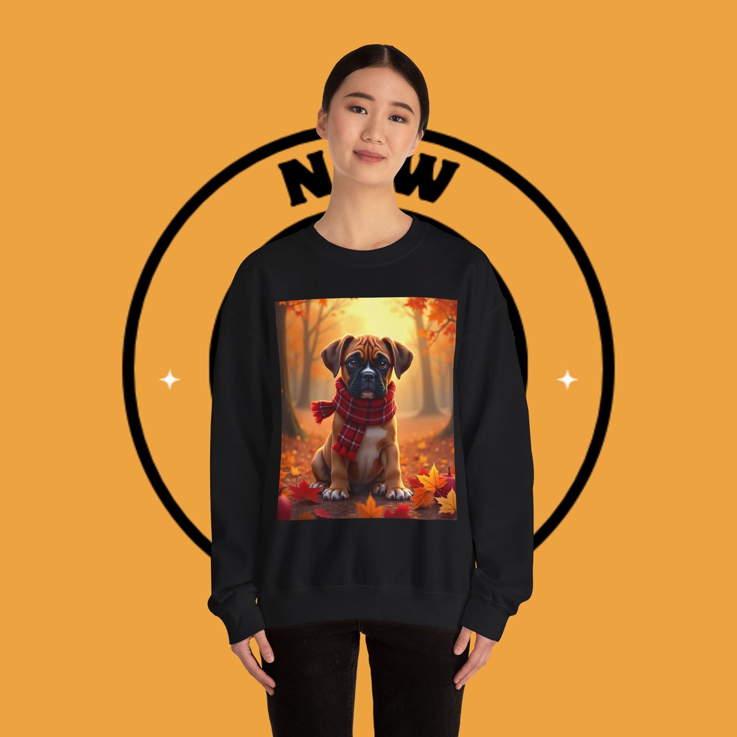 Cute Boxer Puppy Autumn Crewneck Sweatshirt | Fall Dog Lover Gift | Cozy Plaid Scarf Design