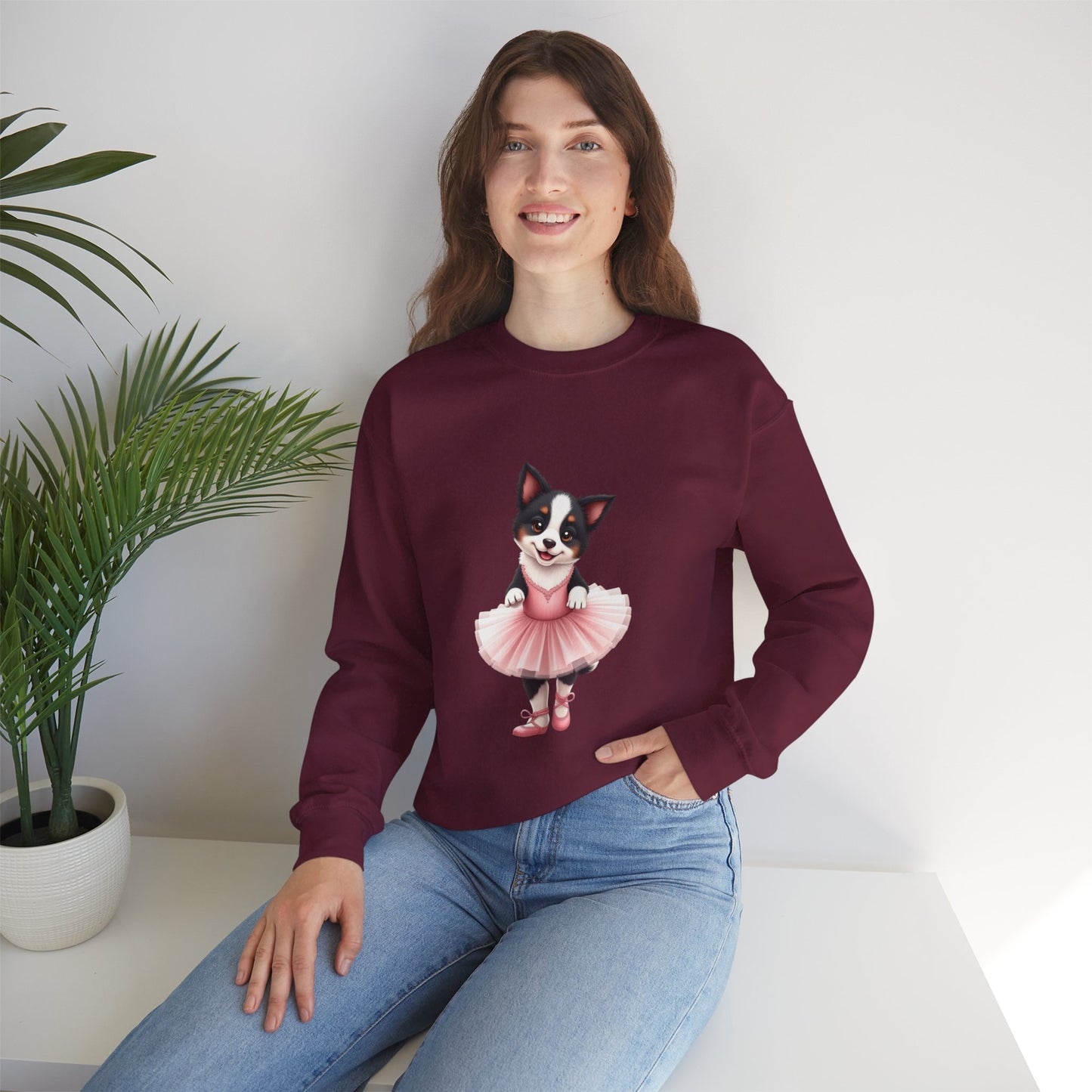 Cute Ballet Dog Crewneck Sweatshirt - Dancing Puppy in Pink Tutu Design | Kawaii Animal Lover Gift