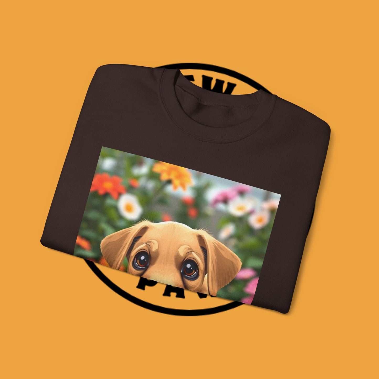 Unisex Dog Lover Crewneck Sweatshirt - Cute puppe with big eyes in floral garden