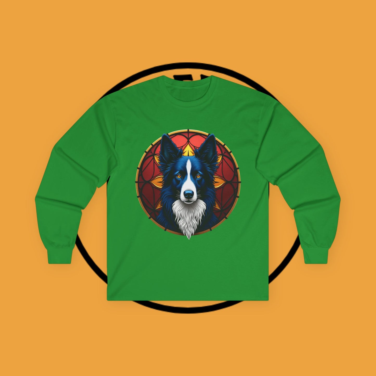 "Mystical Border Collie Stained Glass Long Sleeve Tee - Sacred Geometry Spirit Animal Shirt - Gothic Fantasy Apparel"