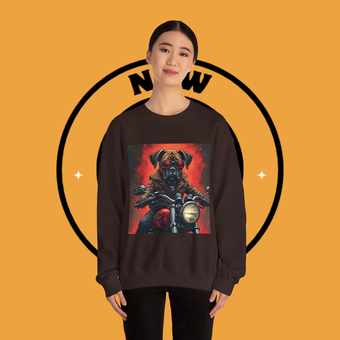 Biker Boxer Dog Crewneck Sweatshirt - Motorcycle Rebel Pup Design - Badass Pet Lover Style
