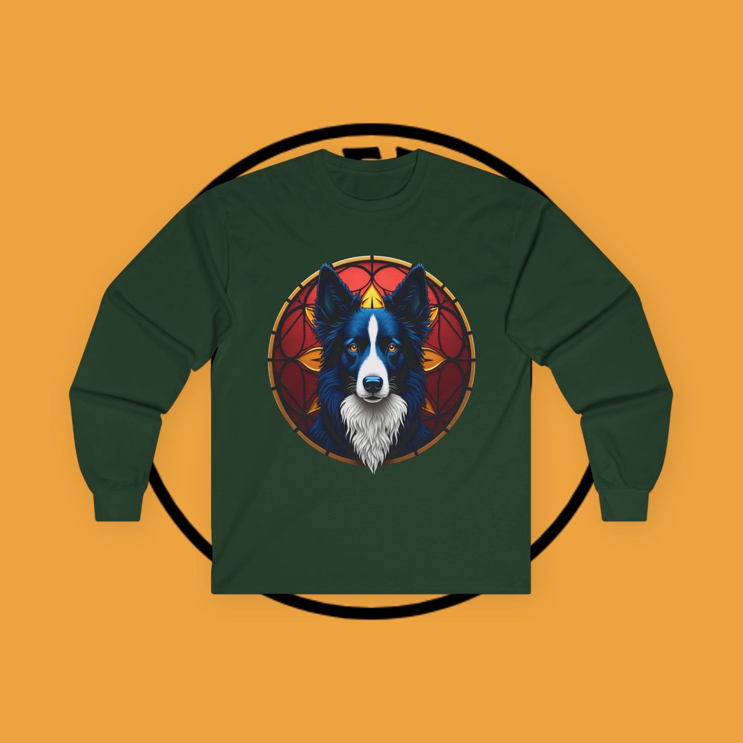 "Mystical Border Collie Stained Glass Long Sleeve Tee - Sacred Geometry Spirit Animal Shirt - Gothic Fantasy Apparel"