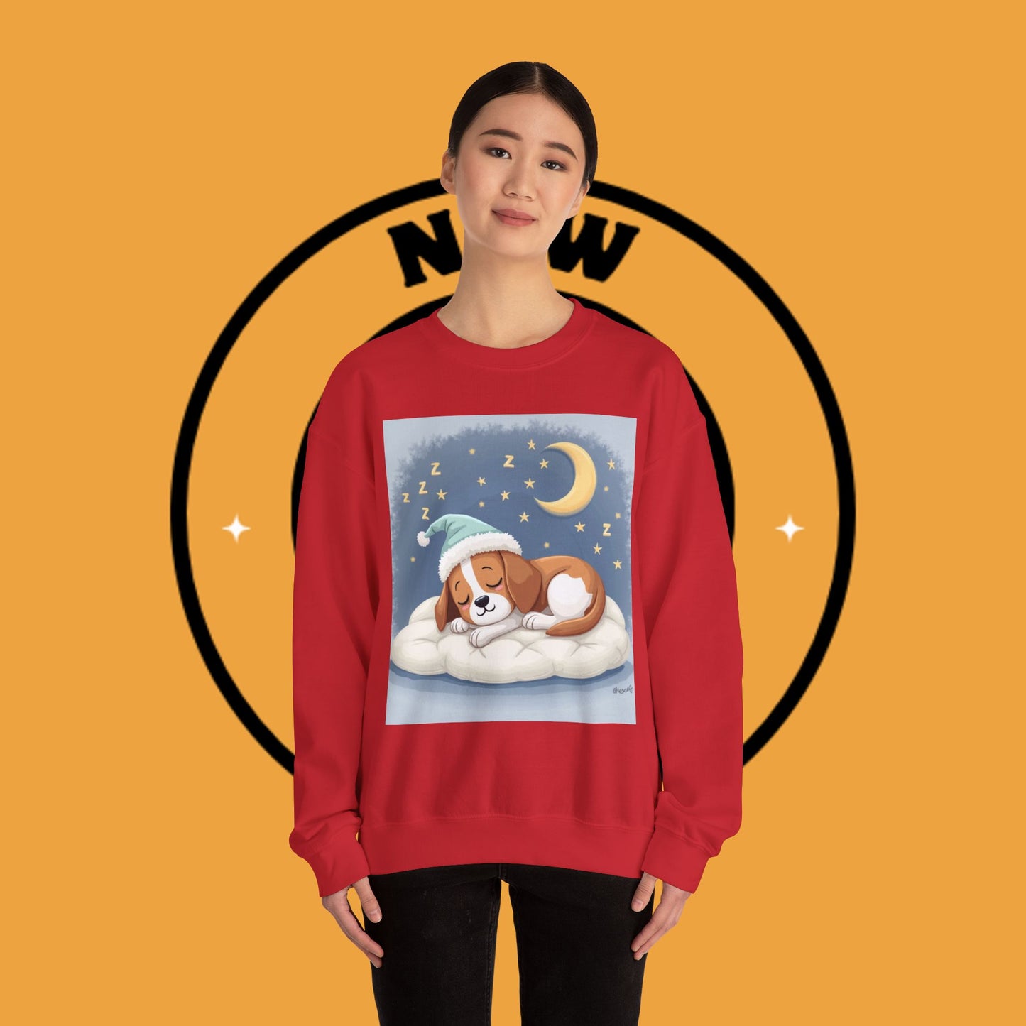 Sleeping Dog Crewneck Sweatshirt - Cute Beagle Design with Moon and Stars