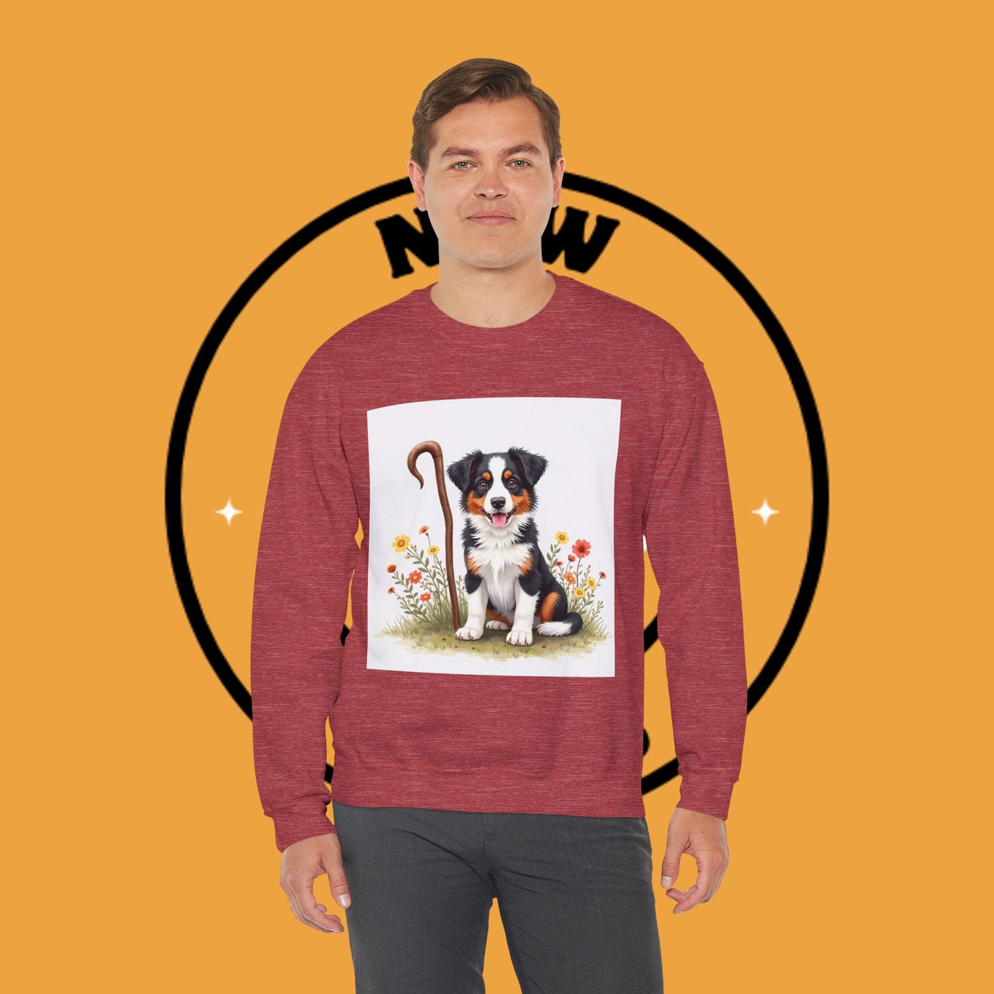 Border Collie Puppy Shepherd's Crook Crewneck Sweatshirt - Pastoral Dog Art | Farm Life Gift