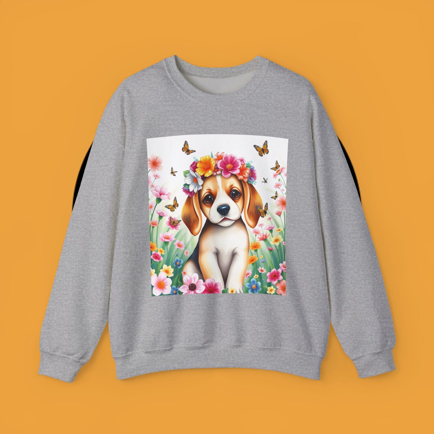 Flower Wreath Dog Crewneck Sweatshirt - Spring Beagle Design with Butterflies