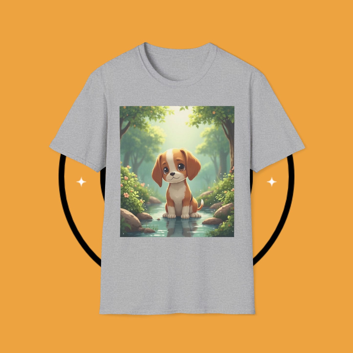 Magical Forest Beagle Puppy T-Shirt - Enchanted Nature Scene with Adorable Dog Design