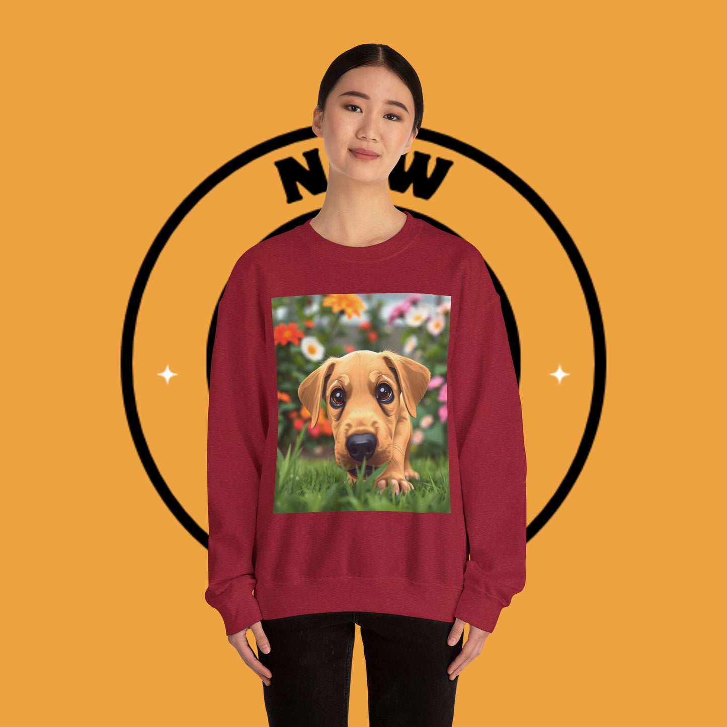 Unisex Dog Lover Crewneck Sweatshirt - Cute puppe with big eyes in floral garden